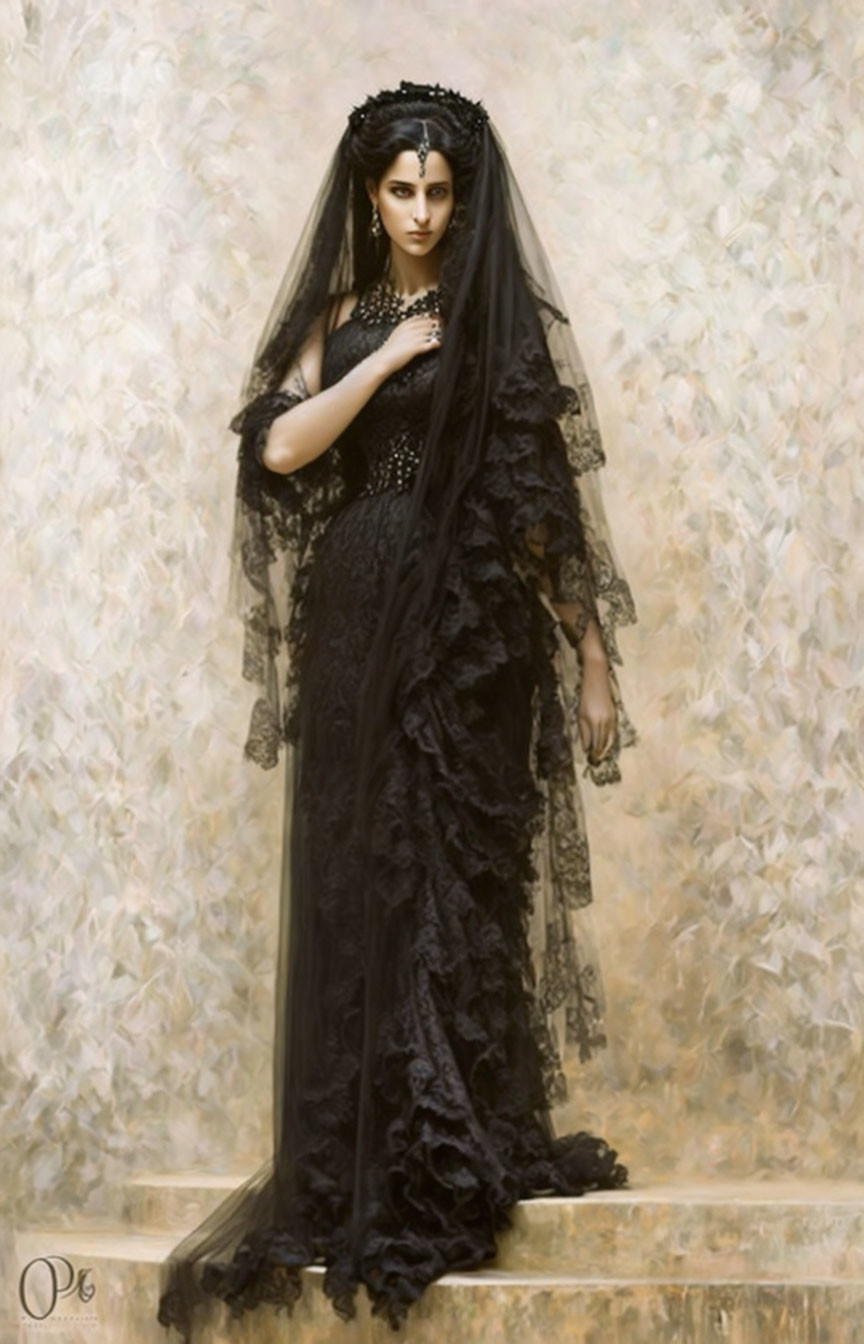 Elegant woman in vintage black dress and veil against textured backdrop