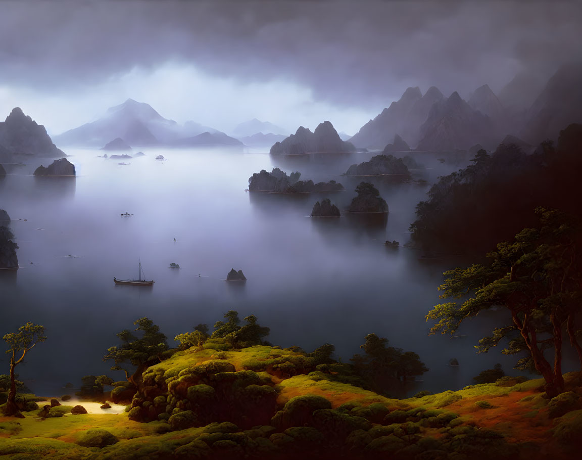 Twilight mountainous landscape with lush greenery, silhouetted peaks, and tranquil water.