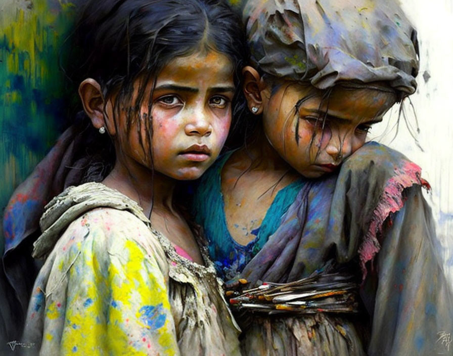 Two young girls in tattered clothing with colorful stains, standing closely together.