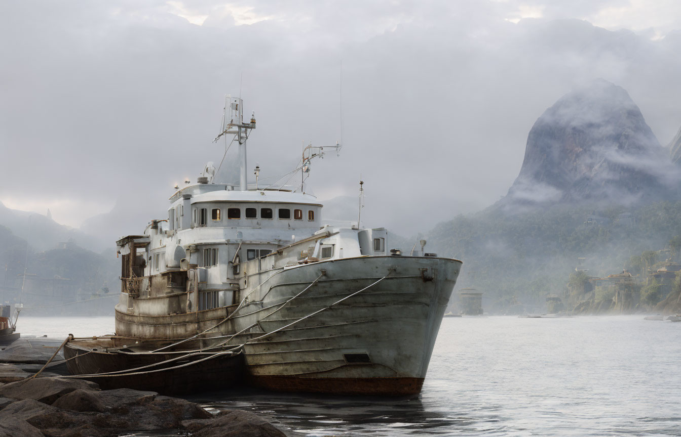 Tranquil lake scene with aged boat, misty mountains, and lush greenery