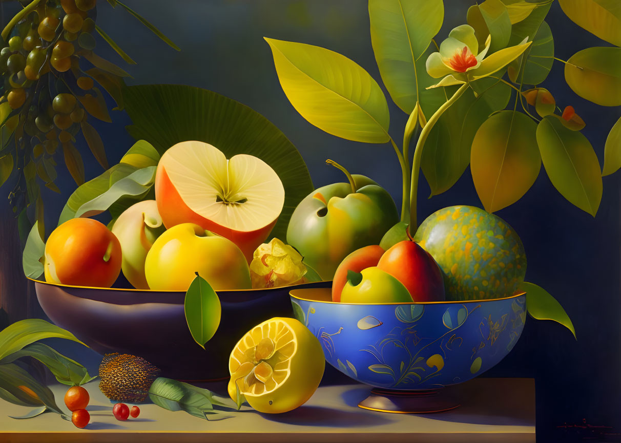 Realistic still life painting of vibrant fruits in blue bowl