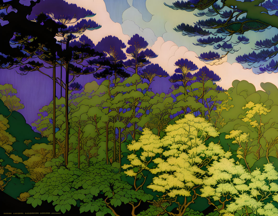 Stylized forest illustration with green and yellow trees under a purple sky