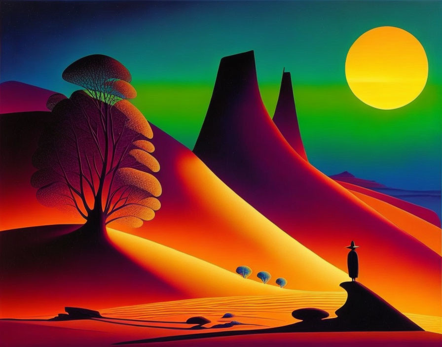 Colorful surreal landscape: rolling hills, vivid sunset, silhouetted trees, mushroom structures,