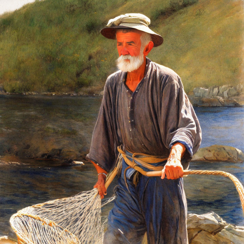 Elderly fisherman with hat and net by riverbank