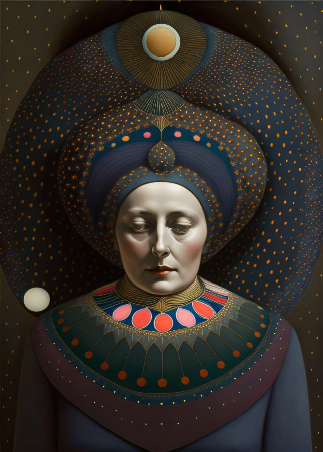 Celestial-themed surreal figure with cosmic headpiece and motifs