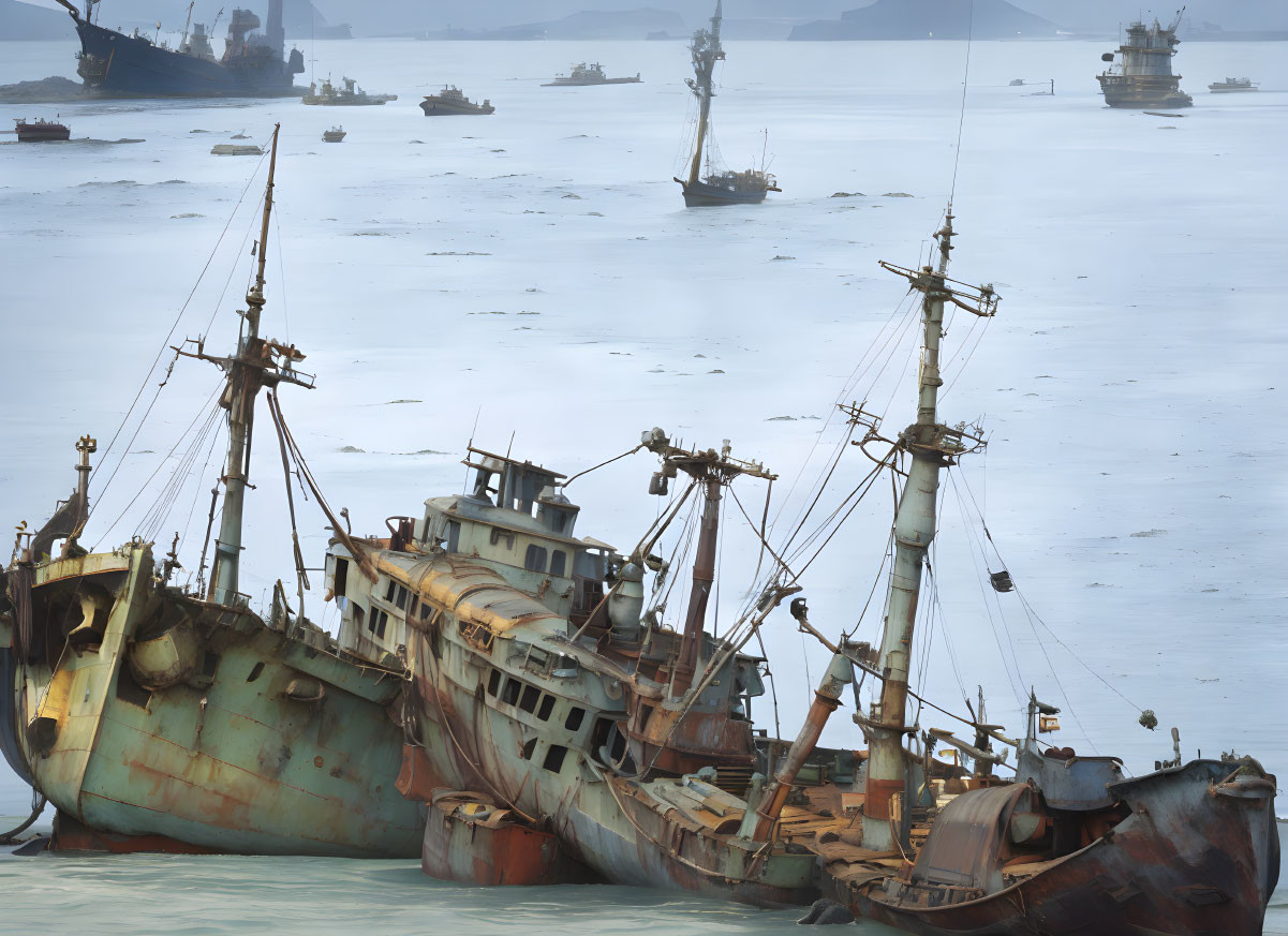 Multiple Rusty Shipwrecks in Shallow Waters