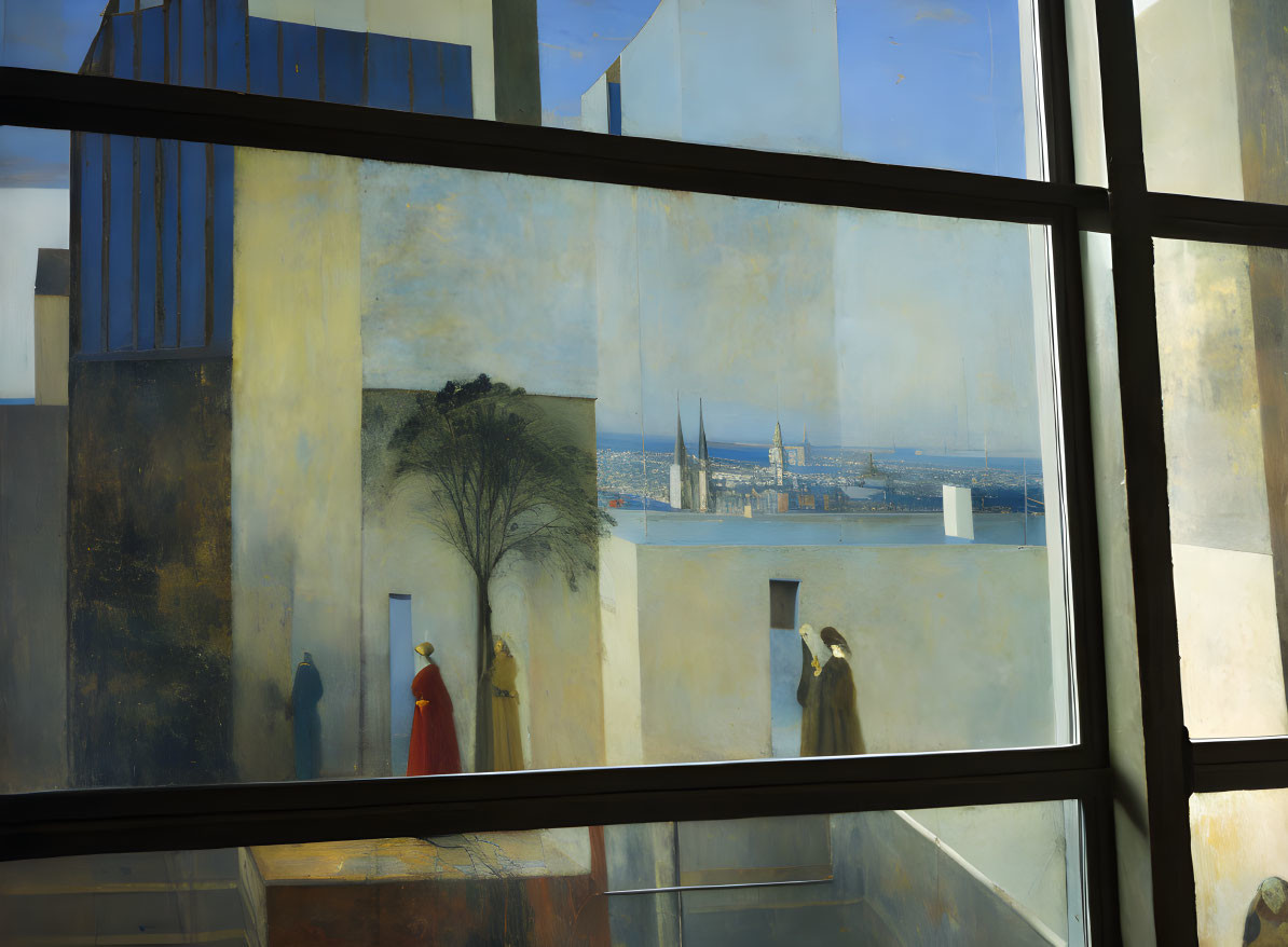 Window View Painting: Lone Tree, Figures in Period Attire, Cityscape, Blue Sky