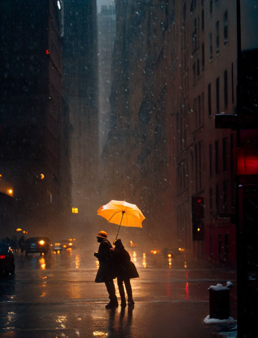 Two individuals with a yellow umbrella crossing a rainy city street.