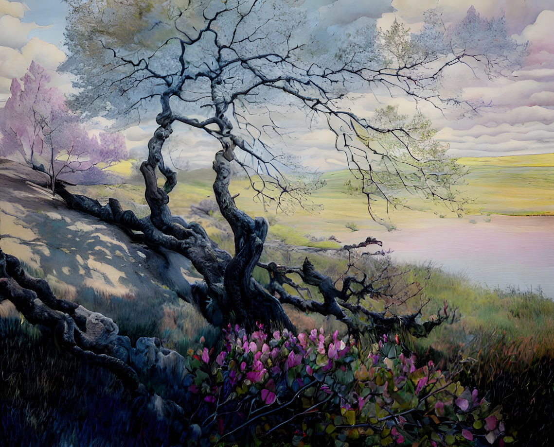 Scenic landscape with gnarled tree, pink flowers, green fields, lake, and pastel