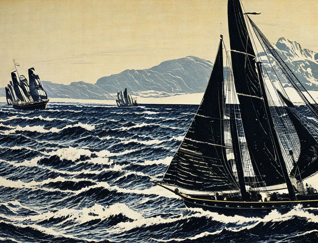 Sailing ships on turbulent seas in two-tone color scheme