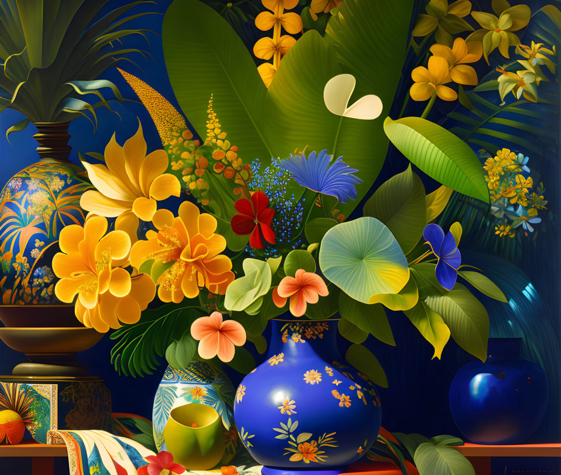 Colorful tropical flowers in ornate vases with butterflies and foliage on dark backdrop