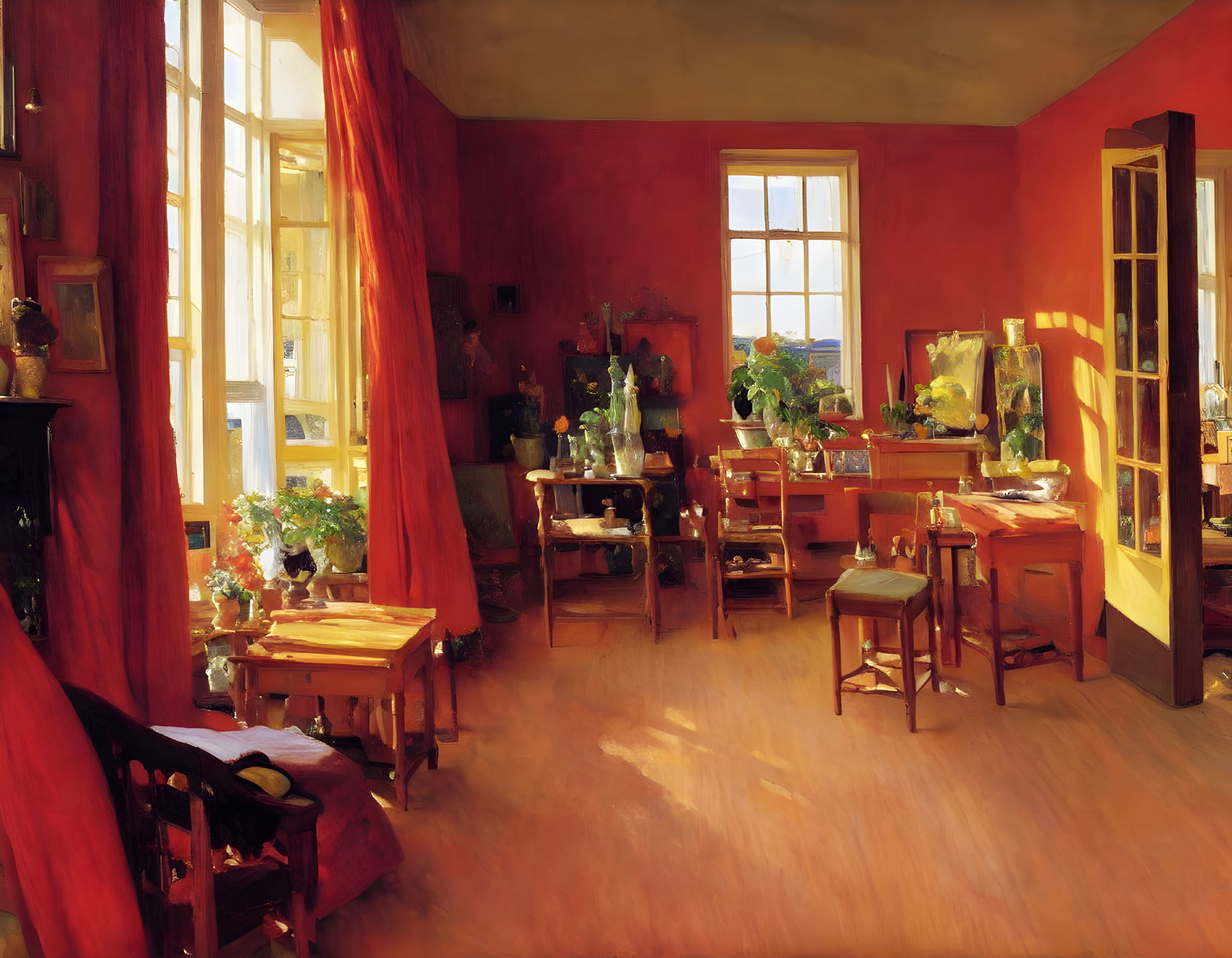 Spacious room with red walls, easels, paintings, wooden floor, open windows.