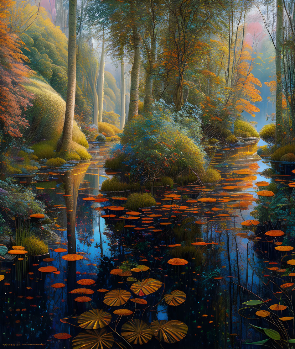 Tranquil autumn forest stream with colorful trees and lily pads