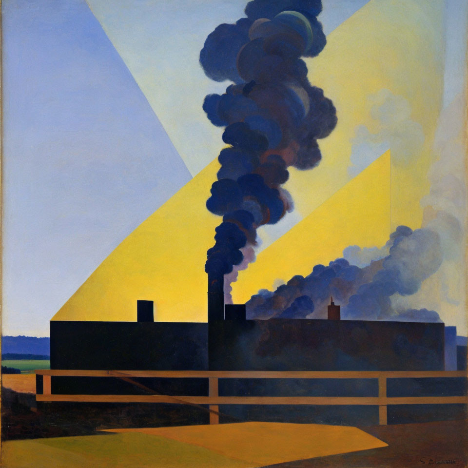 Geometric abstract painting of building with billowing smoke on yellow and blue backdrop