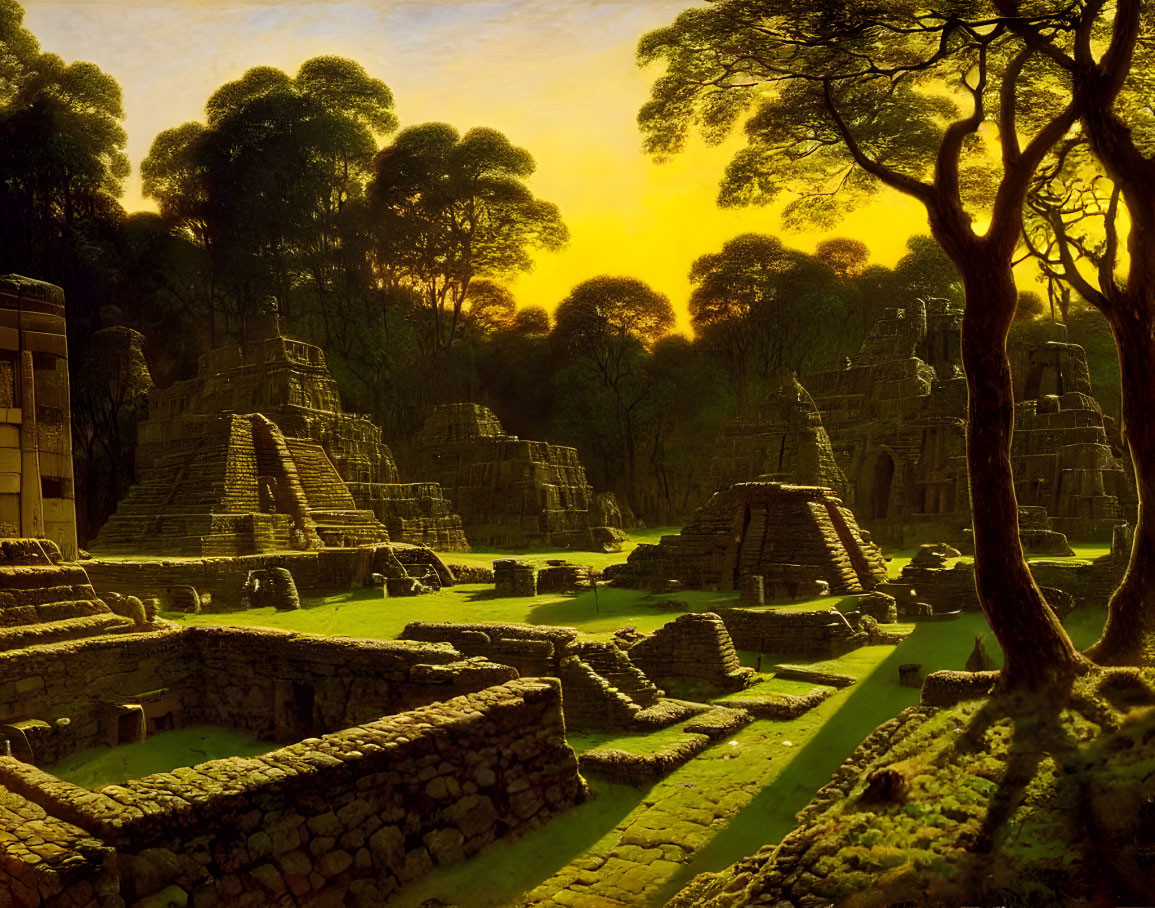 Stepped pyramids and stone structures in lush Mesoamerican ruins.