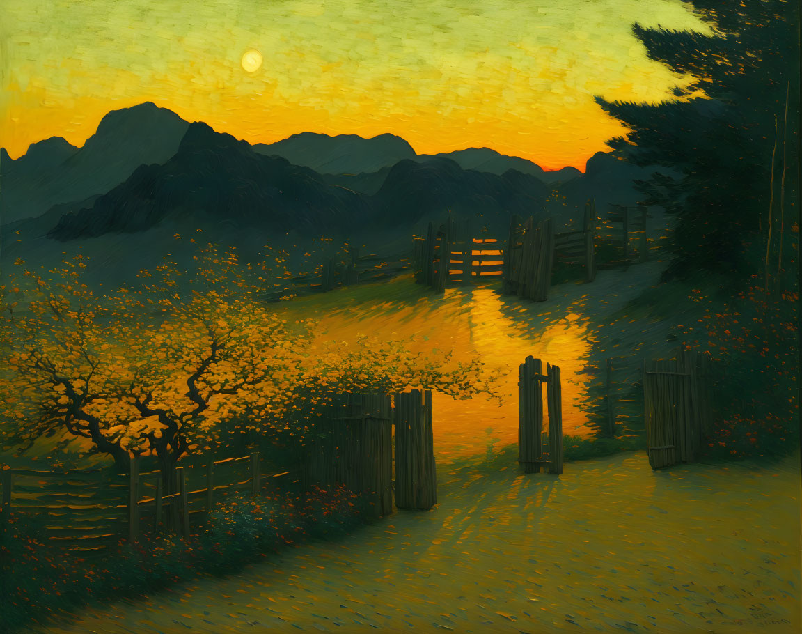 Serene sunset painting with blossoming tree, mountain path, and peaceful river