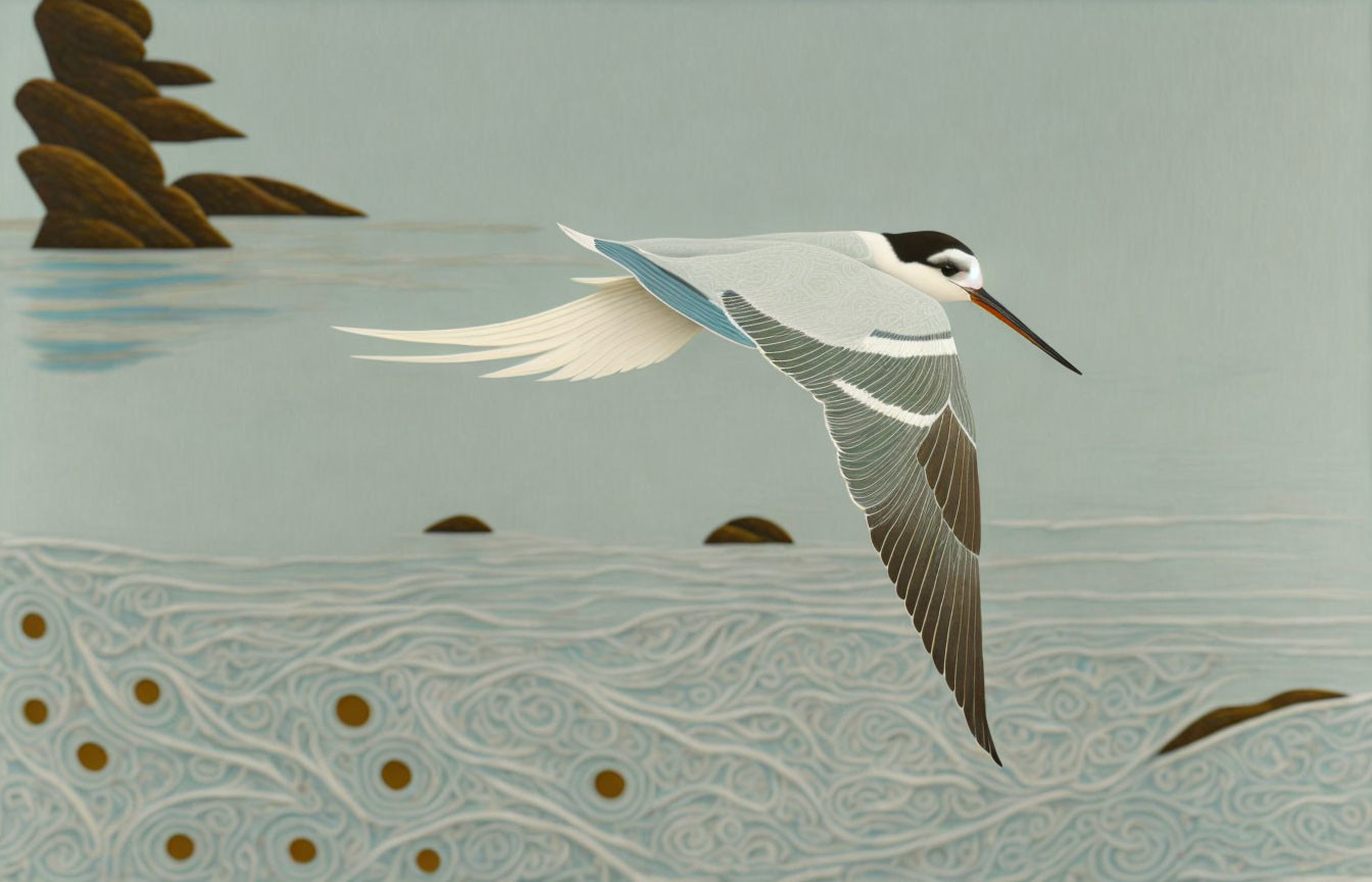 Stylized bird flying over water with decorative patterns and brown hills