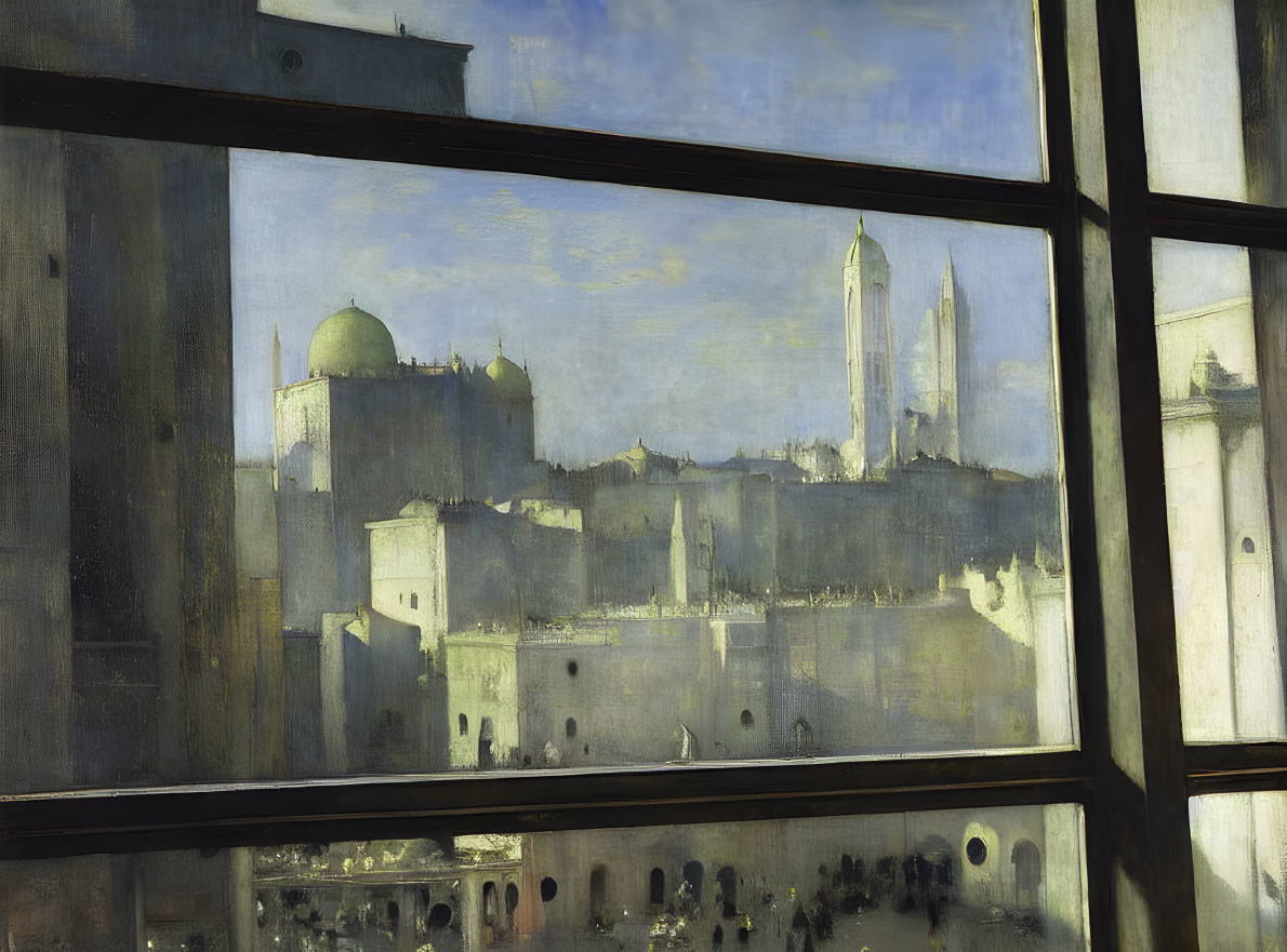 Ancient cityscape with domes and towers through window panes