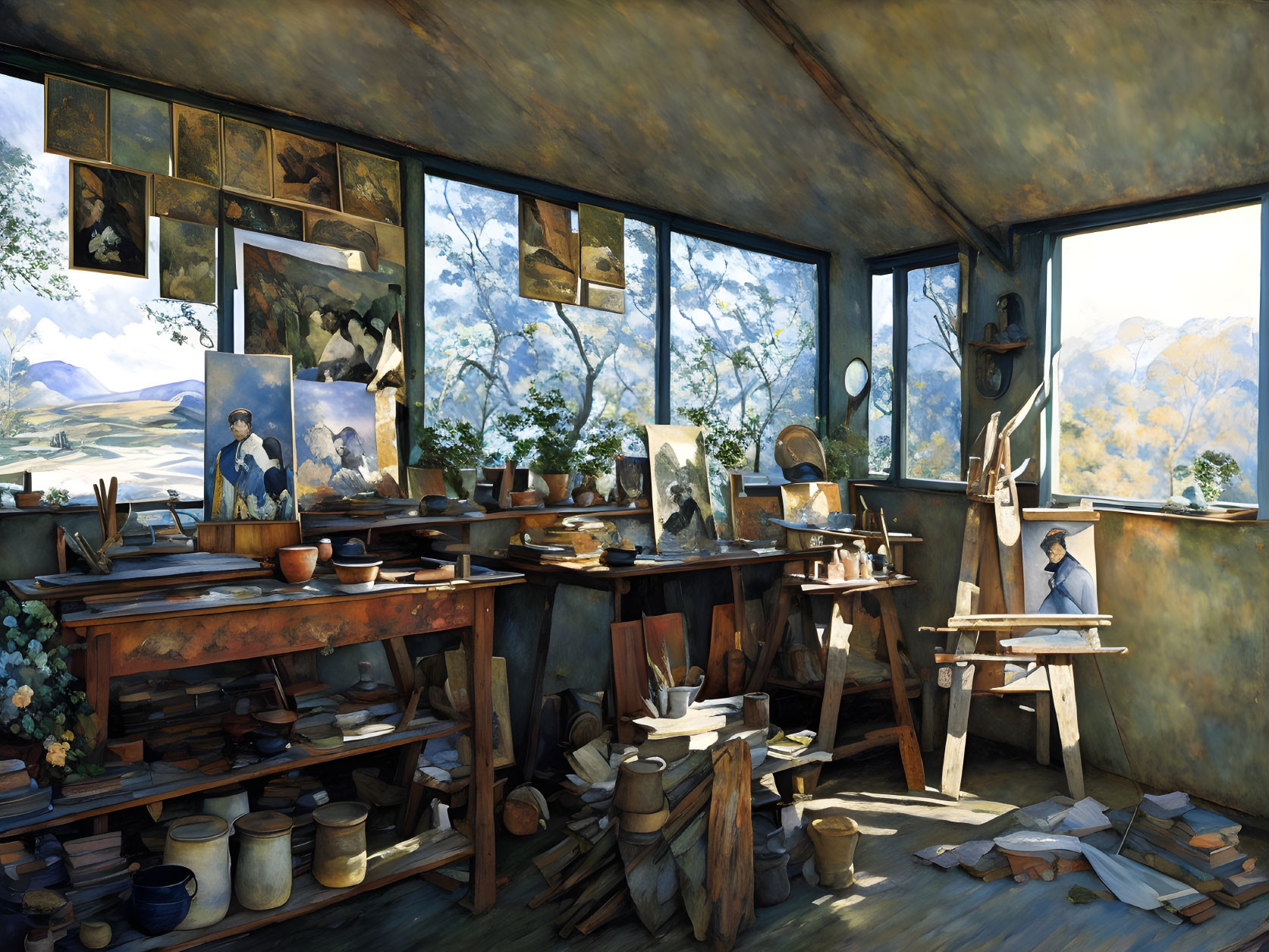 Bright artist's studio with paintings, easel, supplies, canvas, and scenic view.