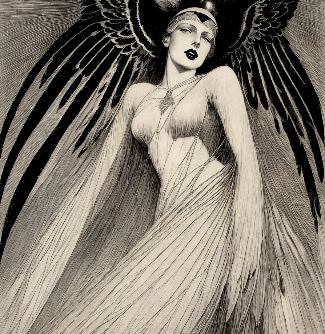 Monochrome illustration of ethereal woman with ornate wings and flowing gown