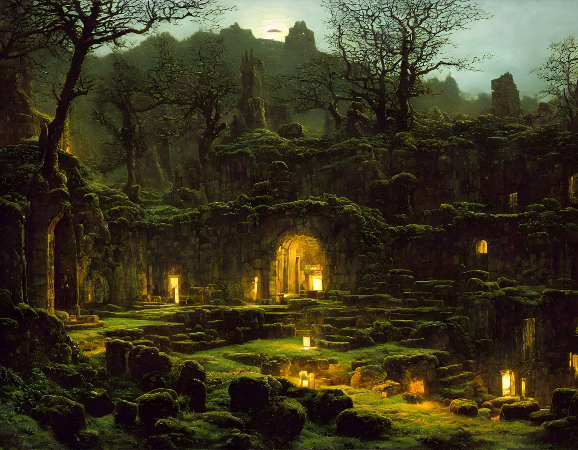 Mysterious twilight forest with ruins, glowing lights, and archway