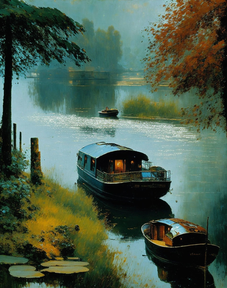 Tranquil river scene with rowboat and autumn trees