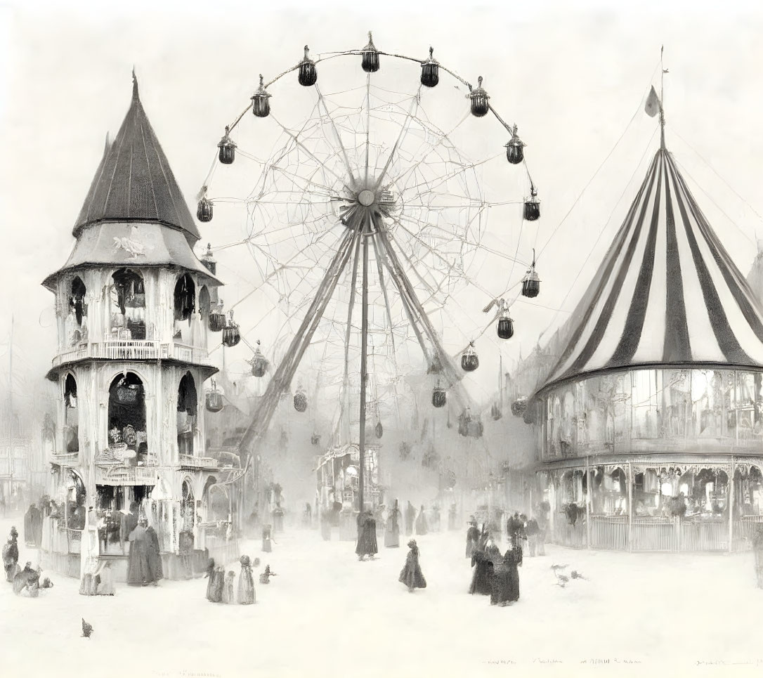 Vintage Fairground Scene with Ferris Wheel, Carousel, and Visitors in Period Attire