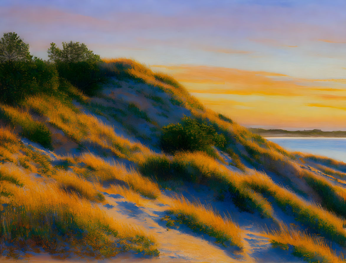 Tranquil dusk landscape with sand dunes and vibrant sky