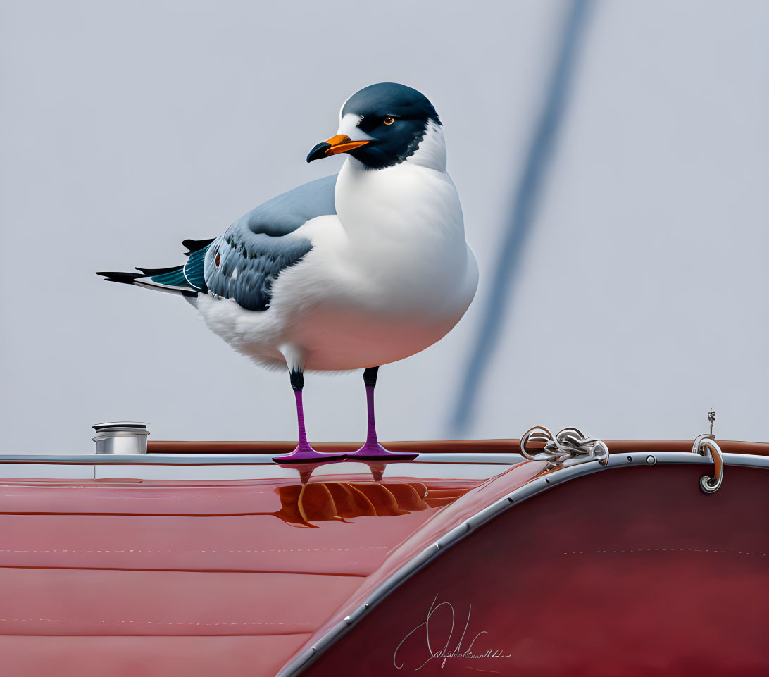 Seagull on Red Boat with Ruffled Feathers