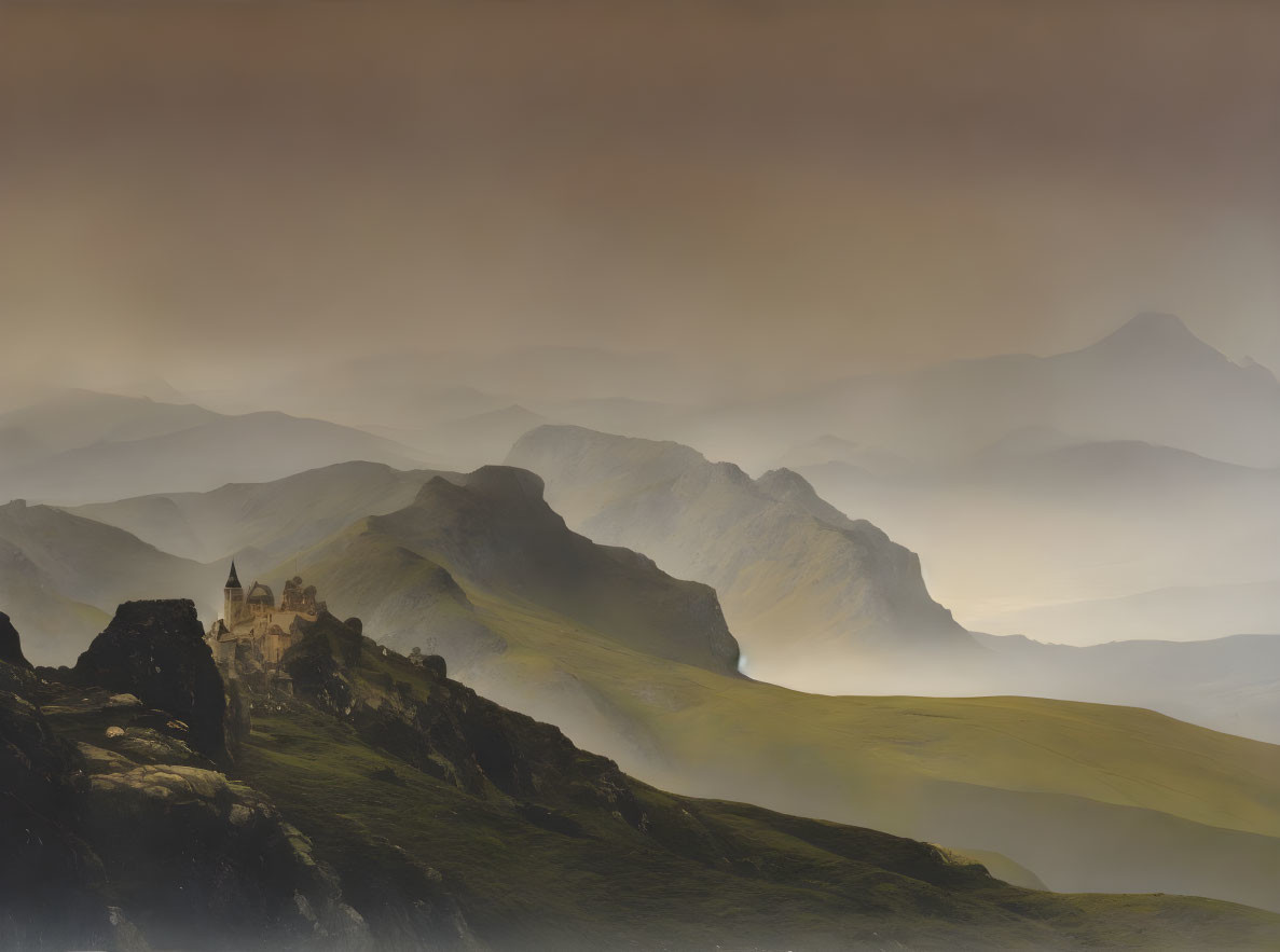 Misty mountains landscape with castle on hill