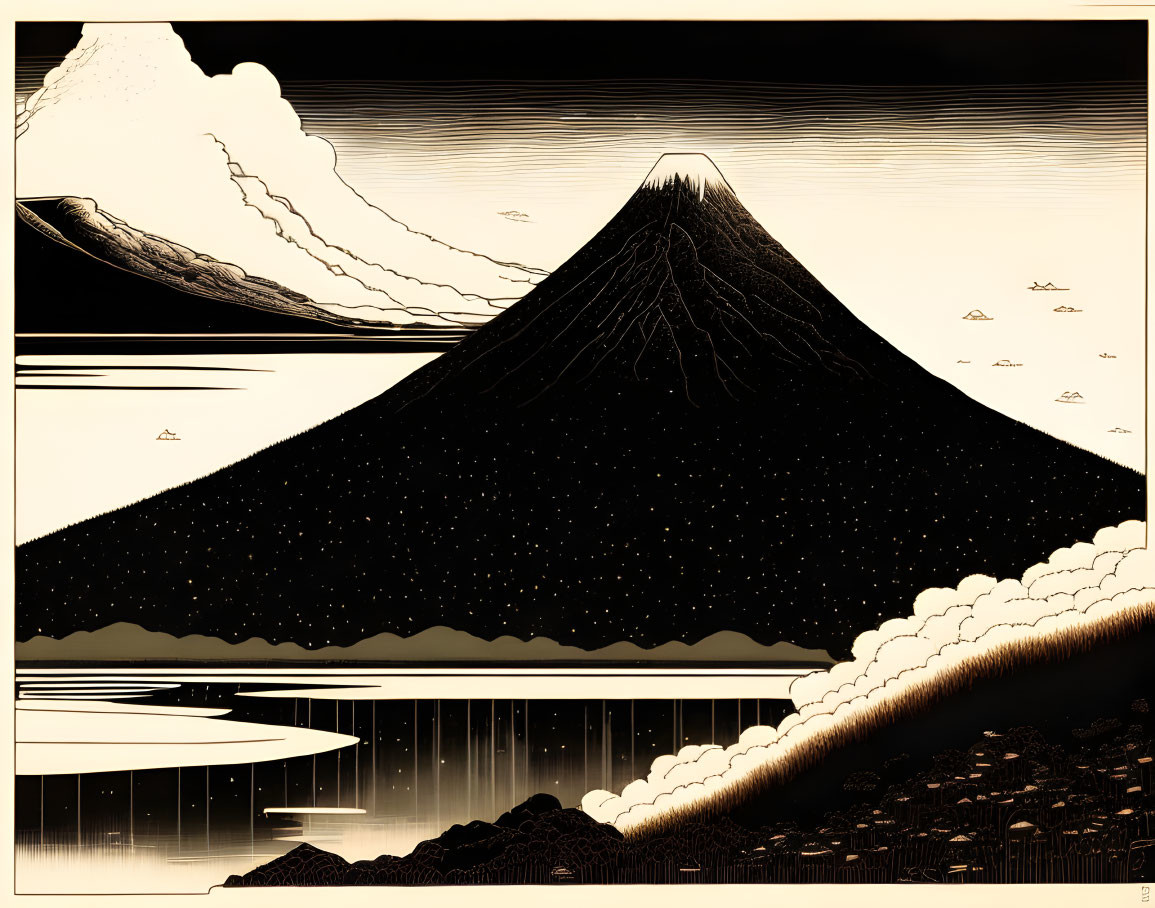 Monochrome mountain scene with starry night sky and reflective water