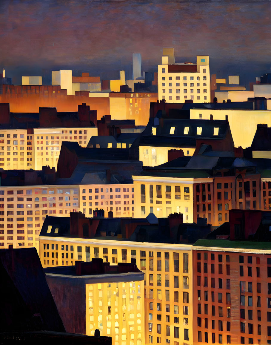 Cityscape painting: Vibrant dusk scene with glowing sky and building silhouettes