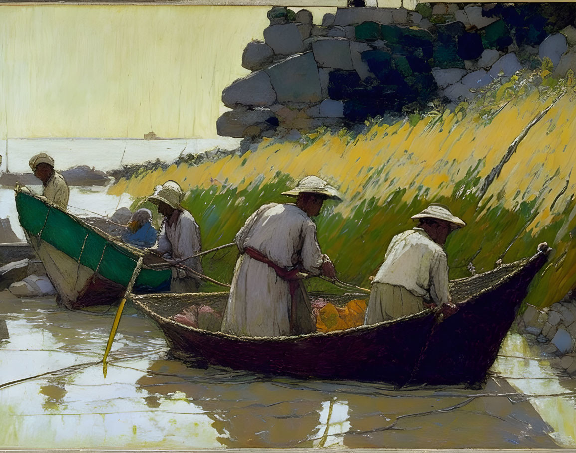 Scenic painting of fishermen by water's edge