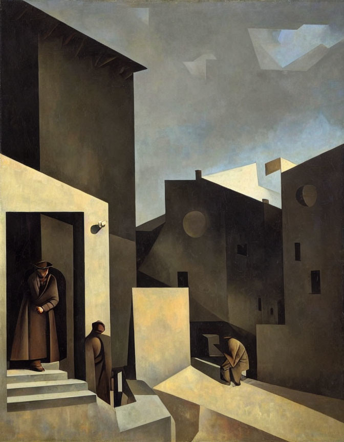 Geometrical architecture painting with three figures in various poses