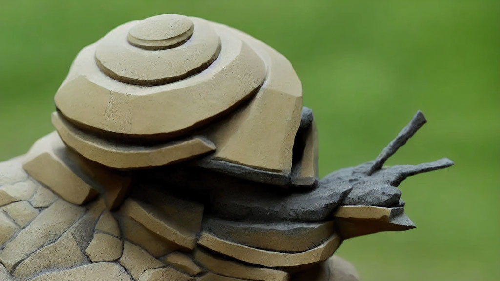 Textured beige and gray statue with circular layered design on head resembling turtle shell