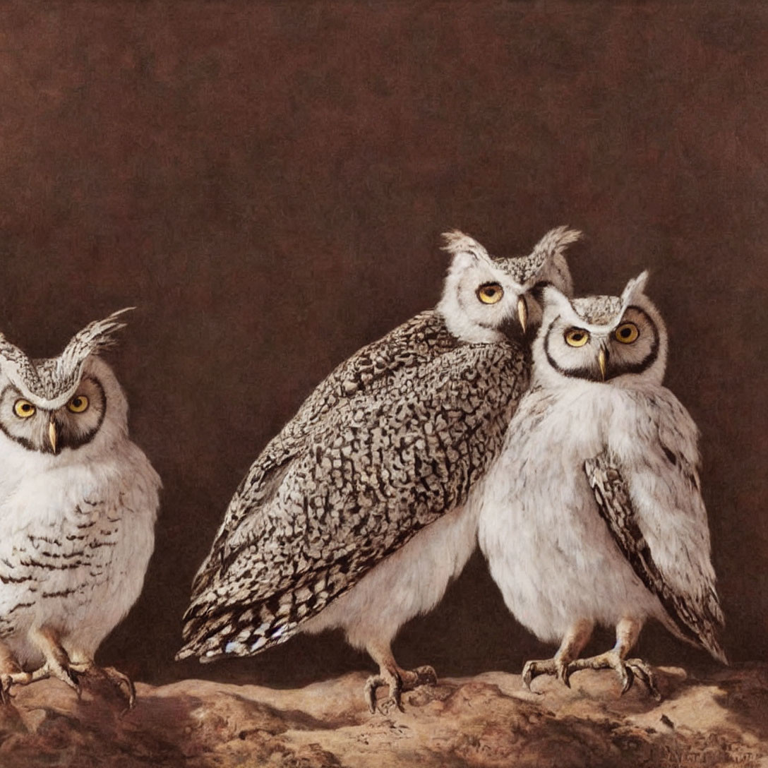 Three owls with yellow eyes on branch against brown background