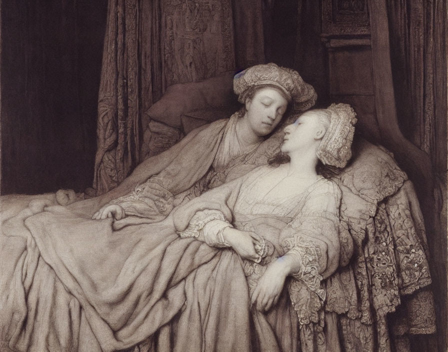 Two women in historical dress reclining together among rich drapery