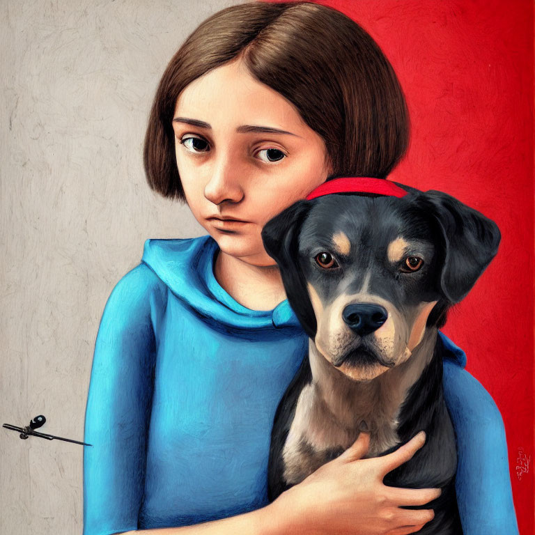 Young girl in blue hoodie holding dog with dragonfly illustration