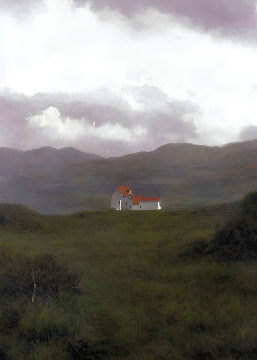 Tranquil landscape with white house and red roof nestled in grassy hills