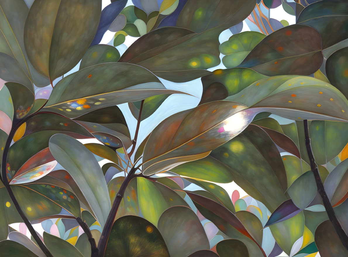 Detailed illustration of green leaves and abstract shapes in vibrant colors