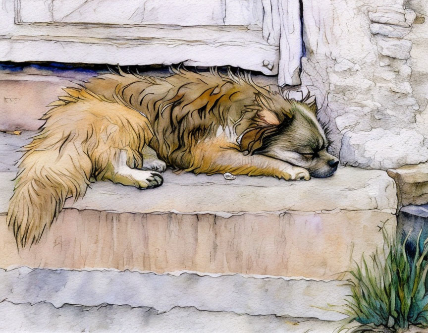 Brown fluffy dog napping on stone doorstep in watercolor painting