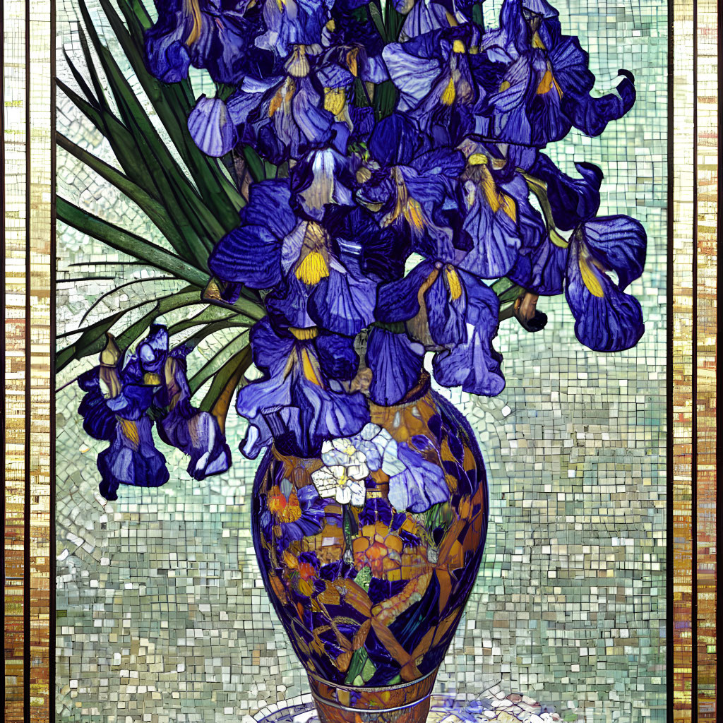 Colorful Stained Glass Mosaic of Blue-Purple Irises in Vase