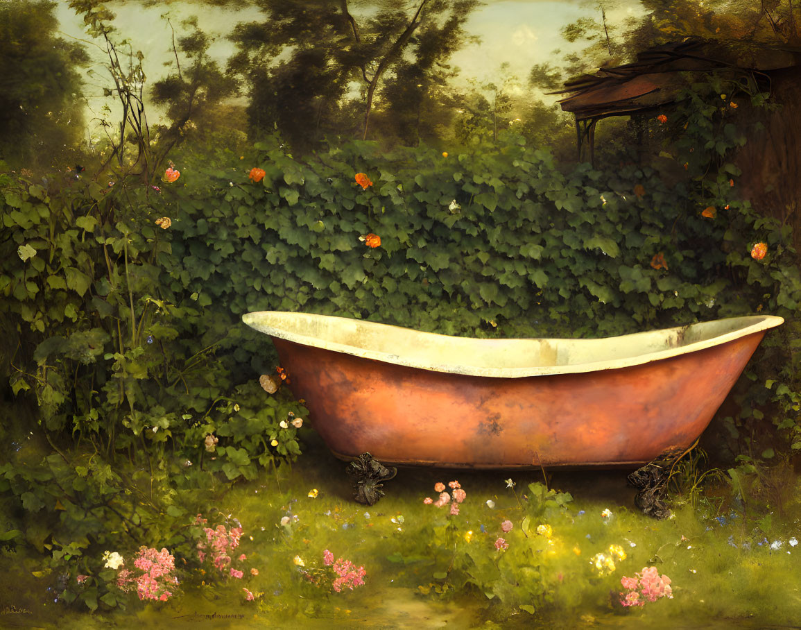 Abandoned weathered bathtub in lush garden with rustic shack