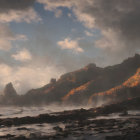 Solitary boat navigating stormy seas near rocky coast with orange foliage