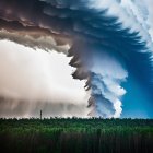 Swirling clouds above serene landscape with rain and scattered trees