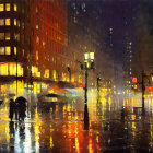 City night scene: streetlights reflect on wet streets, people with umbrellas walking, blurred car lights