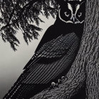 Monochrome owl camouflaged on tree trunk with spread wings under pine branch