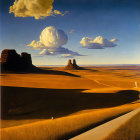 Majestic landscape with towering buttes, winding road, and billowing clouds