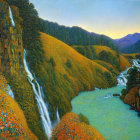 Scenic valley with waterfalls, orange cliffs, river, and mountains