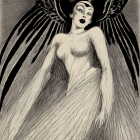 Monochrome illustration of ethereal woman with ornate wings and flowing gown